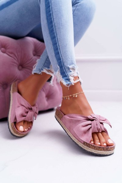 Women's Pink Cork Lace-up Flip-Flops Floral Bow Misto