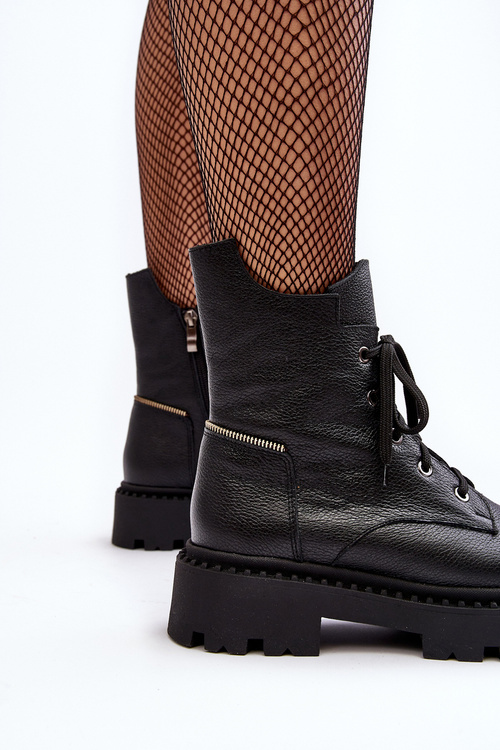 Women's Leather Trapper Boots With Zip Zazoo 949P Black