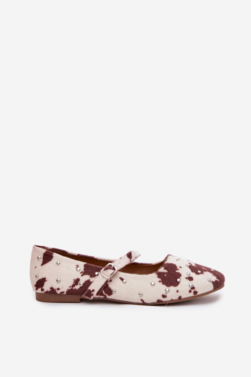 Embellished Women's Ballerinas with Strap in White-Brown Olivisse