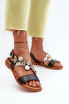 Women's Leather Sandals Adorned with Flowers Laura Messi 2762 Black