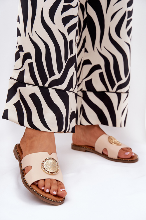 Flat Women's Slippers With Decorative Detail Beige Oferry