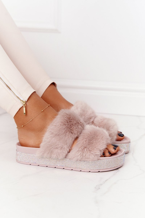 Platform Slippers With Fur And Cubic Zirconia Beige Wow!