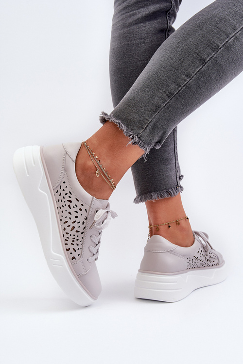 Sneakersy Ażurowe Na Platformie Skóra Naturalna Szare Peilaeno 24SP18-6880