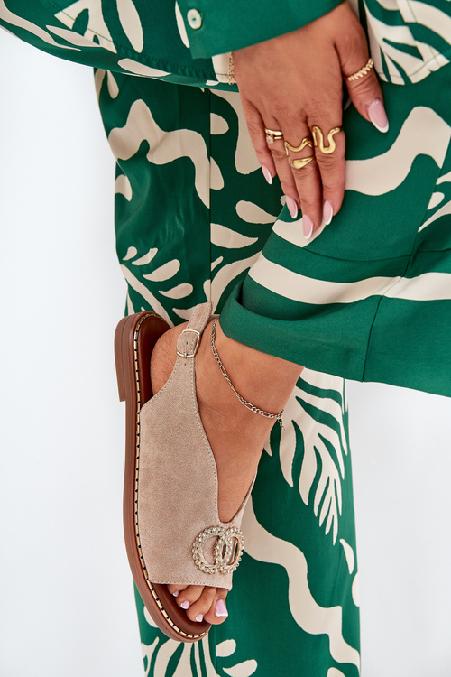 Ladies Sandals With Decoration On Flat Heel Eco Suede Beige Ralisses