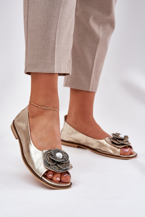 Leather Ballerinas With Open Toes And Flower Zazoo 1870 Gold