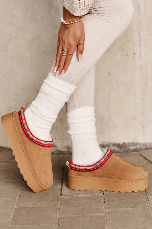 Damskie Śniegowce Platforma Futerko Camel Remenia 