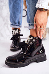 Insulated Boots With Pearls, Studs And Ribbon Patent Black Perla
