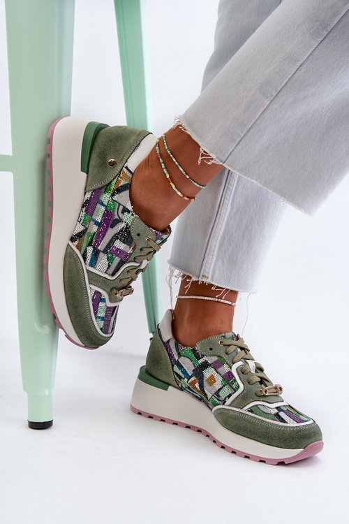 Sneakersy Skóra Naturalna Damskie Platforma Seledynowe Maciejka 06390-09