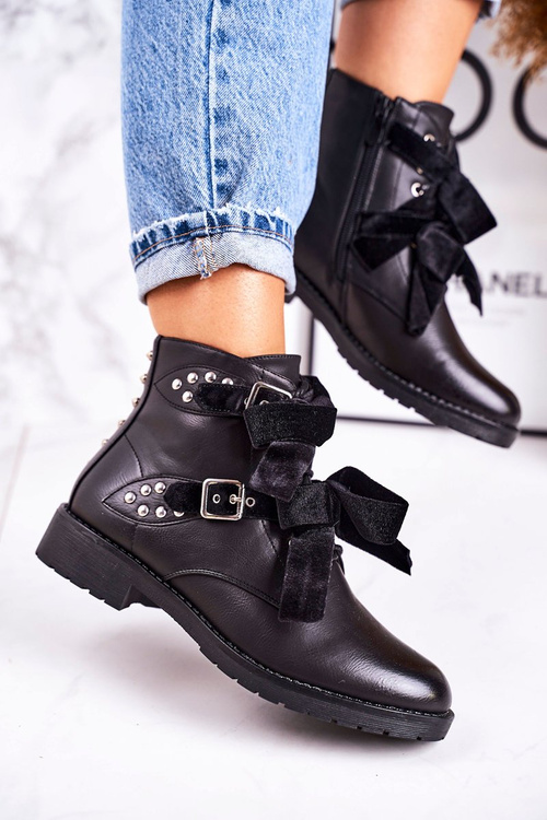 Women's Insulated Boots With Buckles And Ribbon Black Special