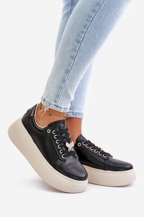 Leather Women's Platform Sneakers With Brooch Vinceza 89101 Black