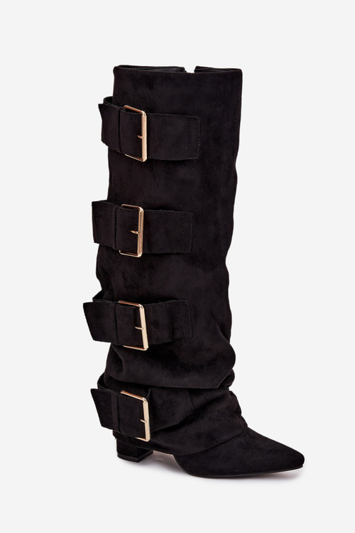 Women's heeled boots with turned-up shaft and gold buckles eco suede black Isavelle