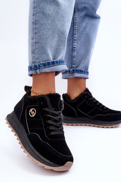 Buty Sportowe Ocieplane Platforma Skóra Czarne Adite TL233