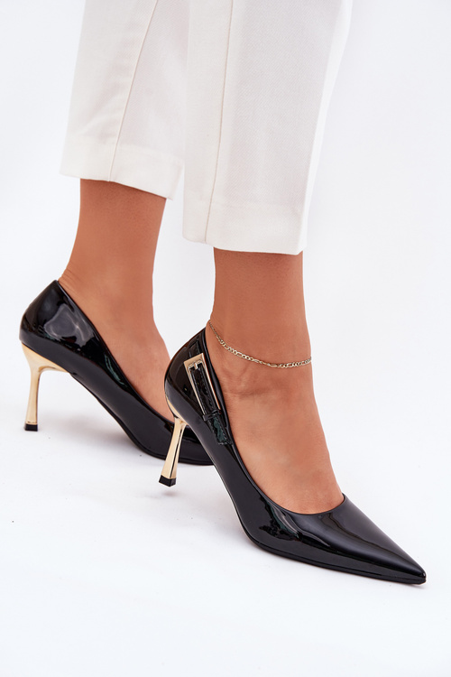 Lacquered Stiletto Heels With Golden Buckle Black Mivira