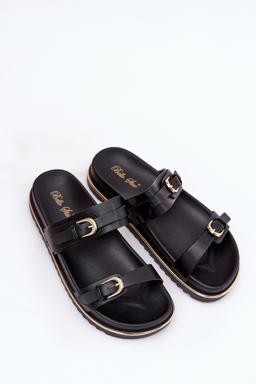Women's Smooth Platform Slippers With Straps And Buckles Black Ziferte