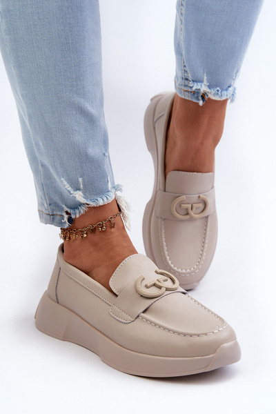Mokasyny Damskie Platforma Skóra Naturalna S.Barski LR490 Beżowe