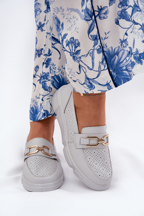 Mokasyny Skóra Naturalna Złota Ozdoba Jasnoszare Vinceza 88007