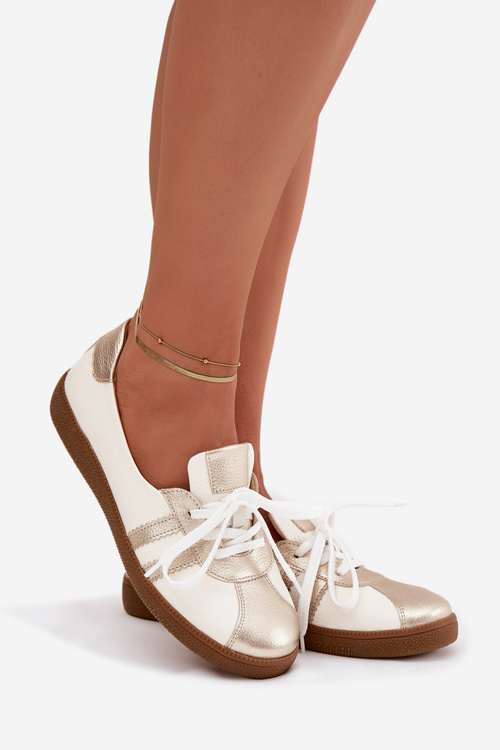 Damskie Skórzane Półbuty Typu Barefoot Biało-Złote Zazoo N1341