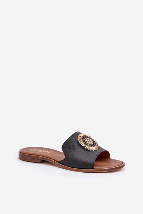 Damskie Klapki Skóra Naturalna Płaski Obcas Ozdoba Czarne 3047/O