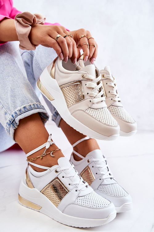 Women's Leather Sport Shoes On a Wedge Beige and White Larson