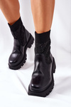 Elastic Fabric Boots Black With Cubic Zirconia XOXO