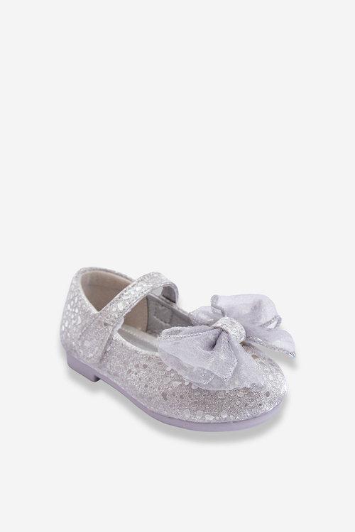Balerinki Dziecięce Kokarda Brokat Rzep Srebrno-Szare Elisa