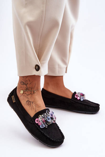 Stylish Suede Moccasins with Embellishments Black Delima