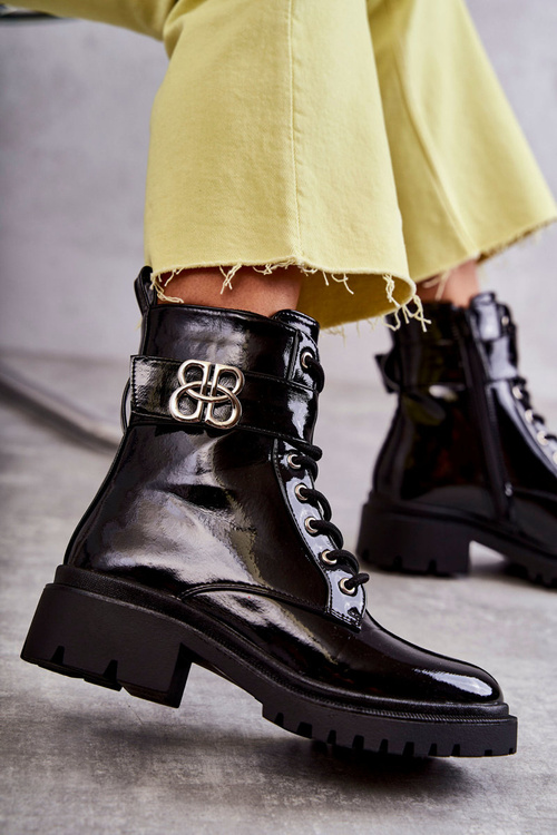 Lacquered Women's Warm Boots With Decoration Black Hayes
