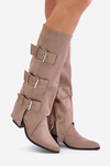 Knee High Heeled Boots With Folded Shaft And Buckles Beige Vamissa