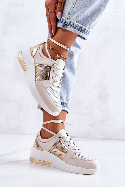 Women's Leather Sport Shoes On a Wedge Beige and White Larson