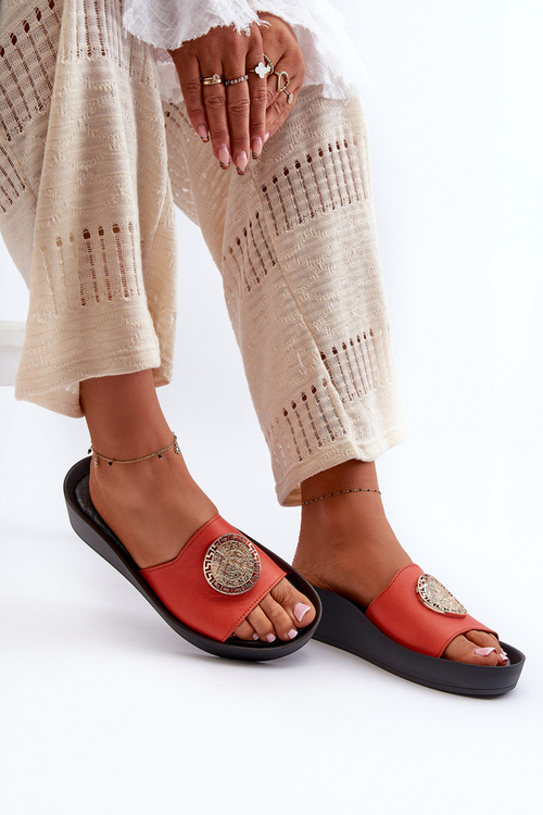 Zazoo 2920 Leather Women's Wedge Sandals with Gold Detail Orange