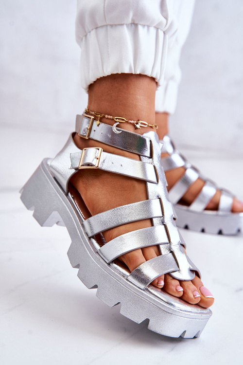 Leather Sandals With Straps Silver Minorite