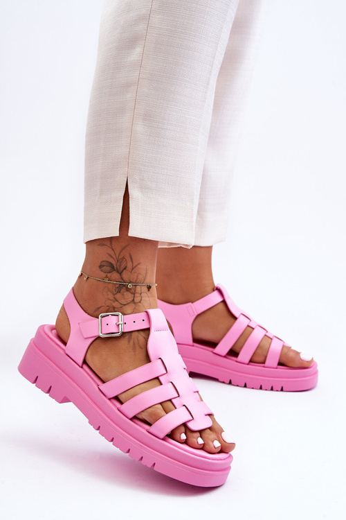 Leather Flat Sandals with Straps Pink Diosa