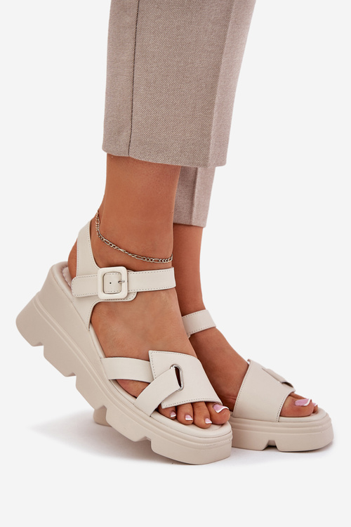 Damskie Sandały Na Koturnie Skóra Naturalna Beżowe Artiker 54C1624