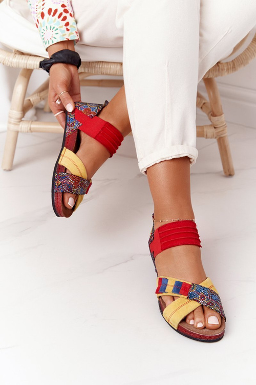 Leather Sandals With Drawstring Maciejka 03375 Red-Yellow