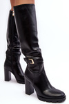 Women's Leather Boots on Heel with Buckle Black Bordda