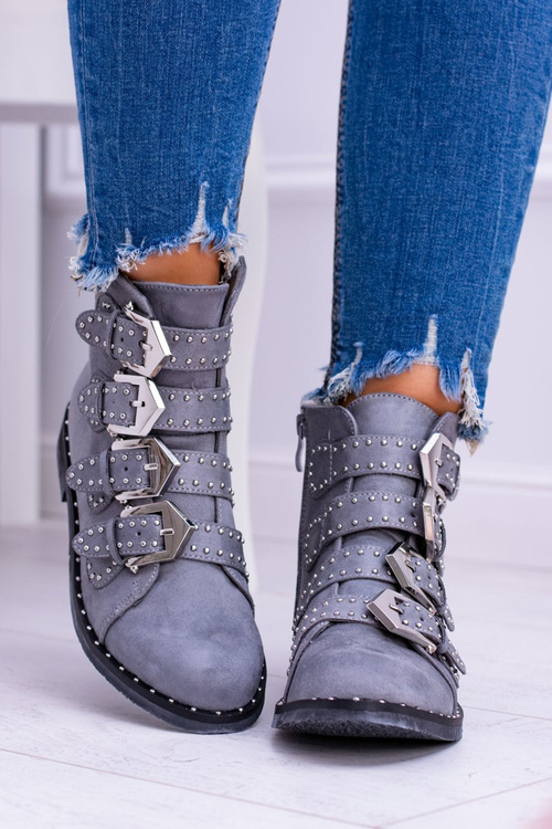 Lu Boo Dark Grey Virginia Rock Star Boots Rivet Buckles Suede