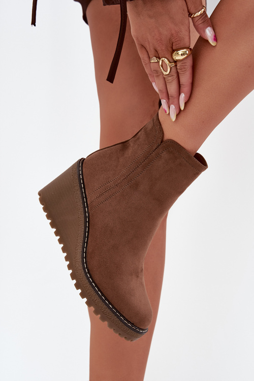 Botki Damskie Ocieplane Na Zamek Koturn Eko Zamsz Brązowe Mavona