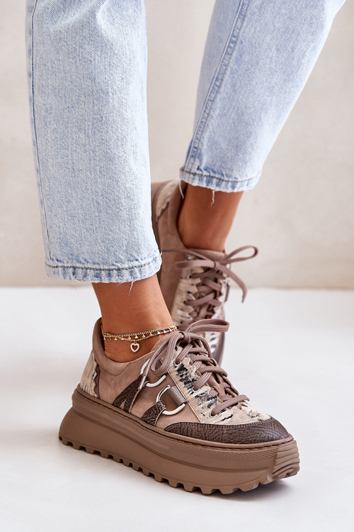 Sneakersy Damskie Skóra Naturalna Platforma Ciemnobeżowe Maciejka 06562-10
