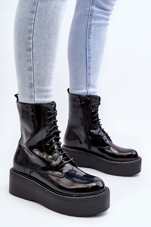 Women's Patent Leather Boots with Chunky Sole Black Movana