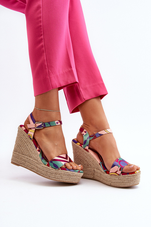 Sandały Damskie Wzorzyste Koturn Z Plecionki Multikolor Anihazra C-223