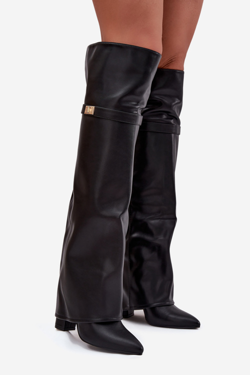 Kozaki Wywinięta Cholewka Za Kolano Obcas Słupek Ocieplane Czarne Serelle