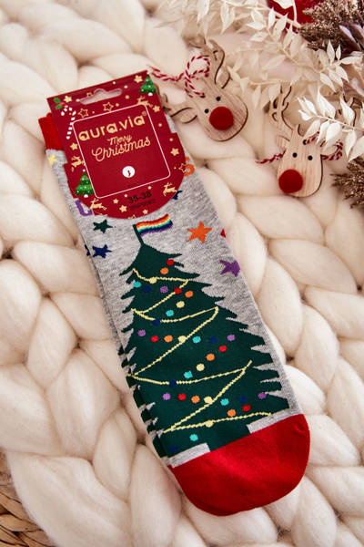 Women's Socks With A Christmas Pattern In A Christmas Tree Gray