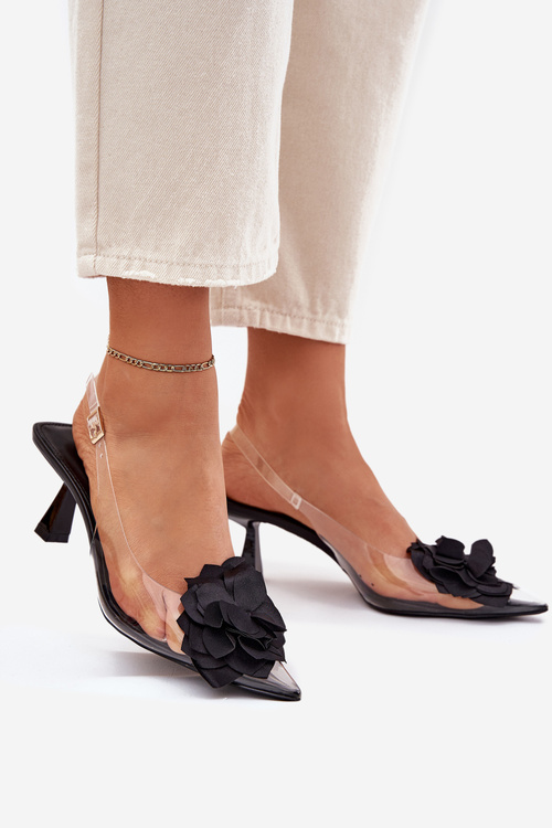 Sandały Damskie Transparentne Szpilka Ozdobny Kwiat Czarne Risalie