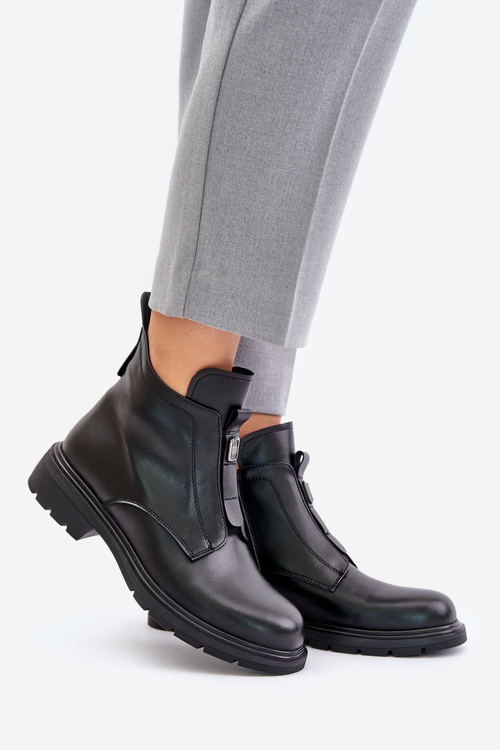 Leather Ankle Boots With Flat Heel Warm Black Komisa