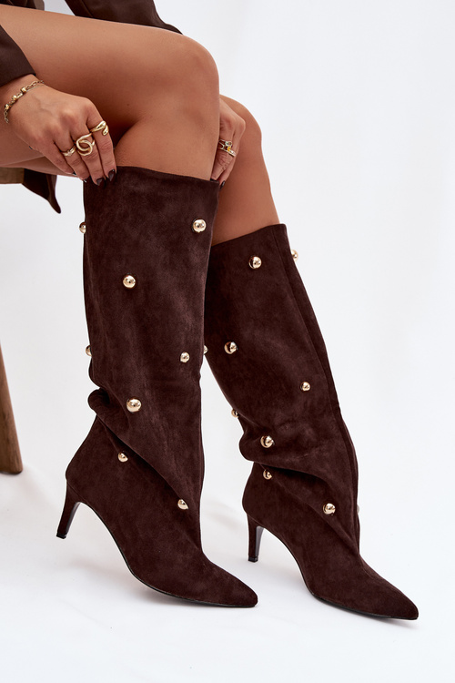 Damskie Kozaki Obcas Szpilka Wsuwane Złote Ozdoby Czekoladowe Thaliane