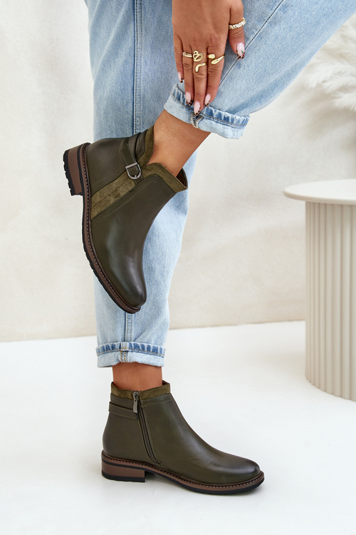 Warm Women's Ankle Boots With Low Shaft Zip Eco Leather Dark Green Taitha