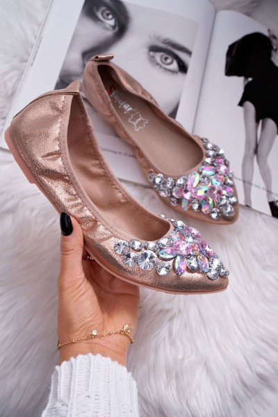 Leather Ballerinas with Stones Pink Gold Crystal