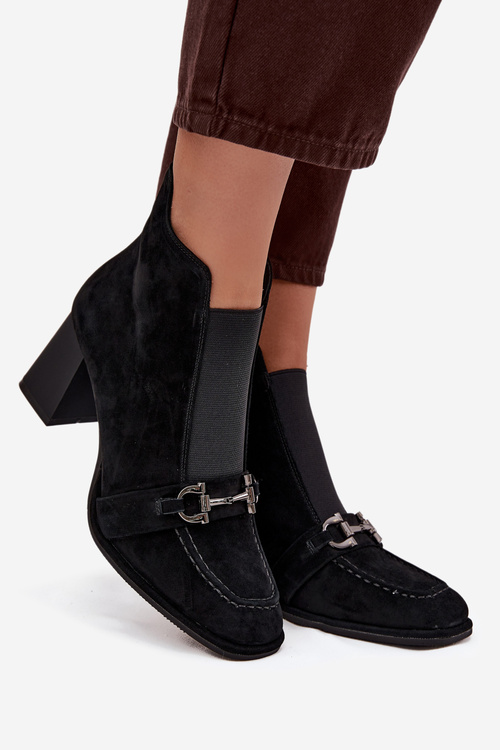 Damskie Botki Zamszowe Obcas Słupek Ozdobny Pasek Czarne Artiker 57C0124