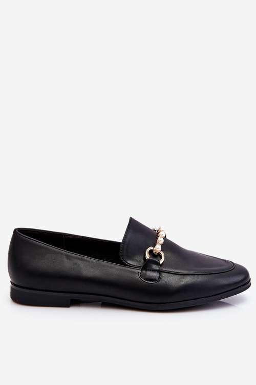 Women's Leather Loafers With Decorative Pearls Black Ishan