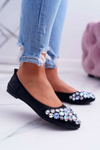 Leather Ballerinas with Stones Black Crystal